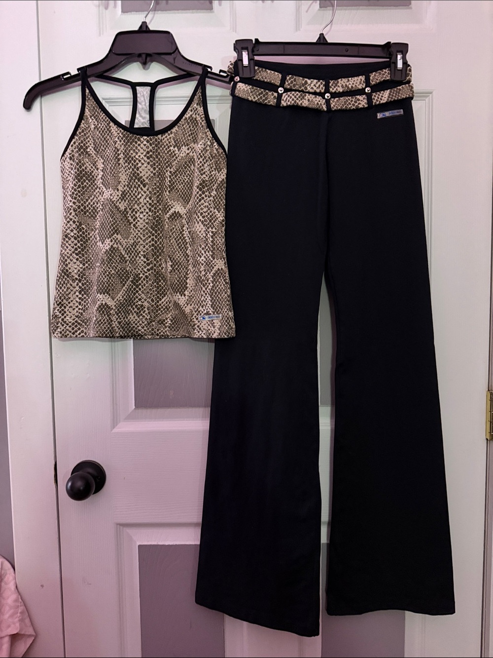 Two Piece Black Wide-Leg Athletic Pants with Matching Snake-Print Top - Women